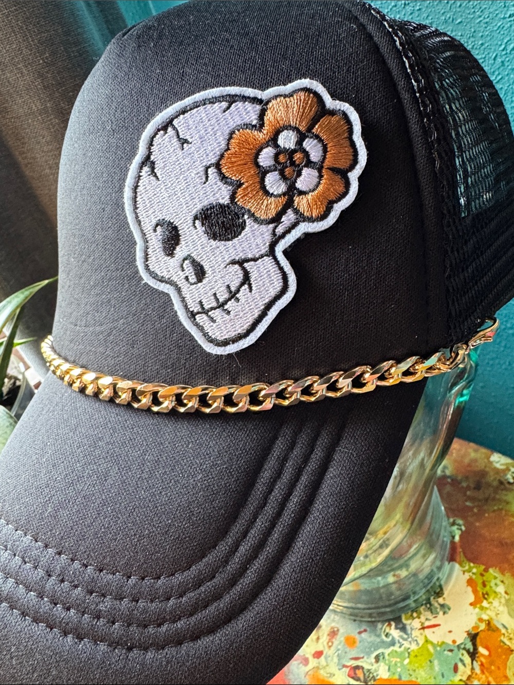 Black Trucker Cap with Skull Patch & Gold Chain